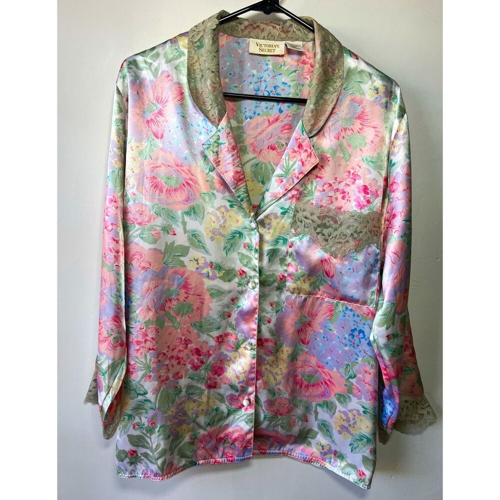 Victoria's Secret Gold Label Floral Satin Lace Trim Button Up Pajama Top Small